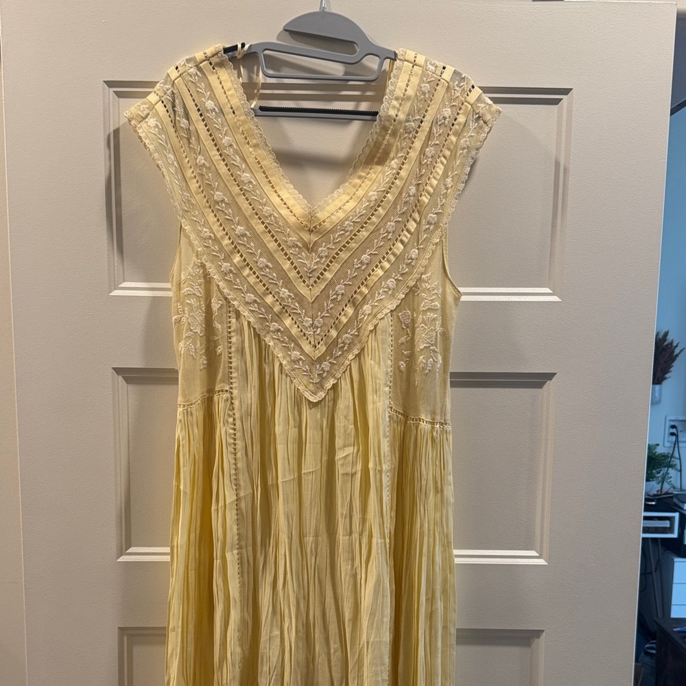 Zara Pale Yellow Embroidered V-Neck Maxi Dress
